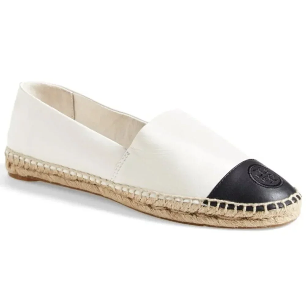 Tory Burch Colorblock Leather Espadrilles Flats in Ivory/Black size 6